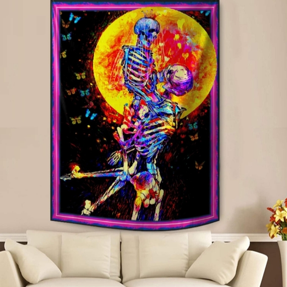 Black Light Skeleton Lovers Moonlight Skeletons Moon Wall Tapestry Blacklight - Picture 2 of 13